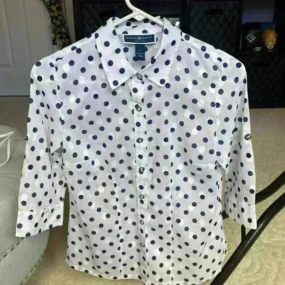 KAREN SCOTT petite POLKA DOT button down SHIRT TOP - Picture 1 of 9